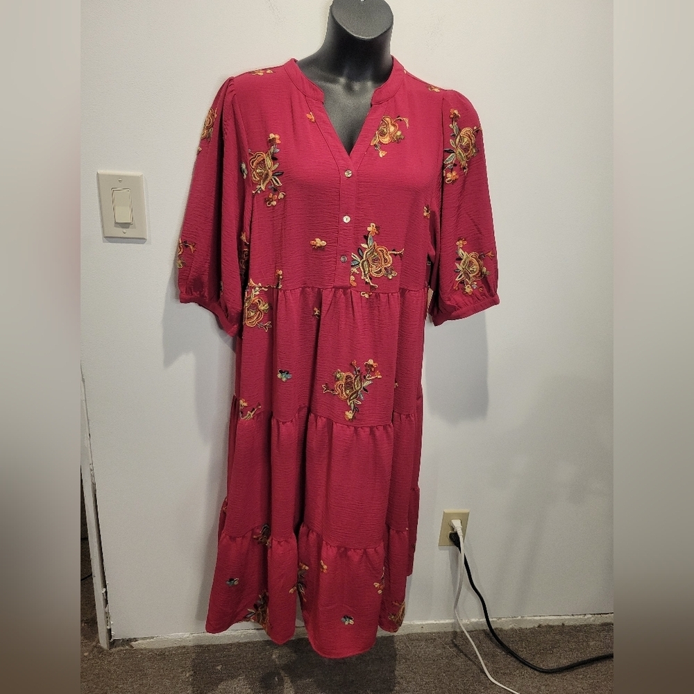 Anthropologie Red Floral Embroidered Maxi Dress